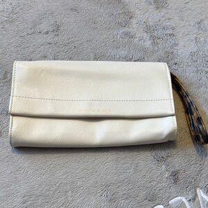 Tahari Cream Leather Fold-Over Wristlet Clutch with Patterned Strap